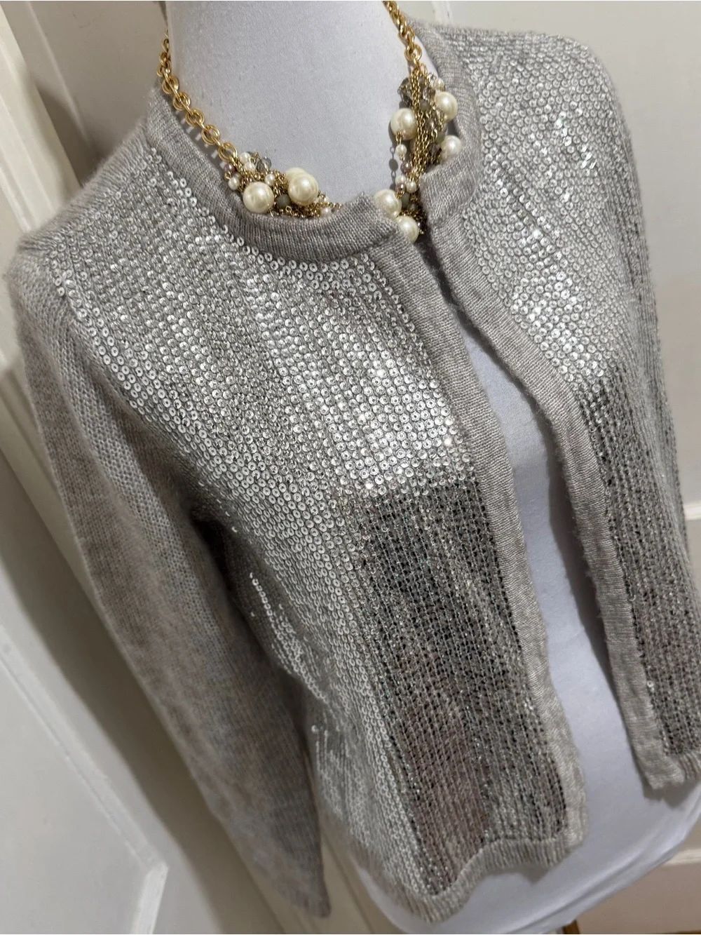 Chico's Silver-Sequin Light Taupe Open-Front Cardigan size 1